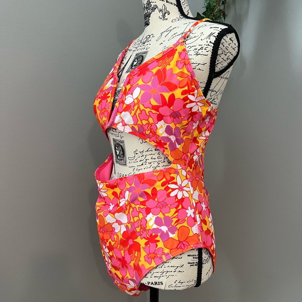NWOT - Pink Lily One Piece Cut Out Vibrant Floral Swimsuit - Picture 3 of 7